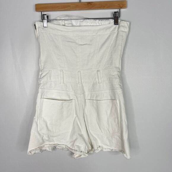 Papermoon Small S White Strapless Denim Romper Shorts Cotton Pockets Chic - Picture 2 of 11
